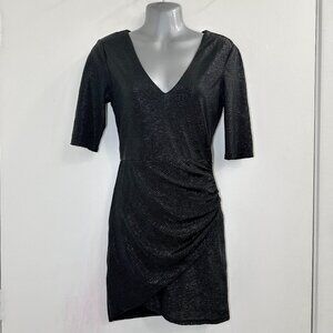 Alice + Olivia Black Metallic Dress Ruched Tulip Mini 3/4 Sleeve - Size 4
